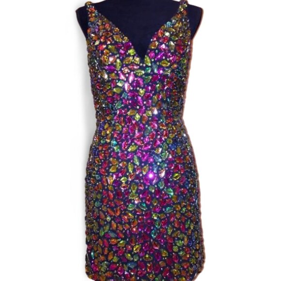 Luxurious Couture Multicolor Crystals Festive Party Prom Designer Holiday Dress - Picture 9 of 12